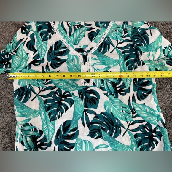 Coral Bay green teal white Monstera leaf print linen blend 3/4 sleeve blouse L - Picture 17 of 17